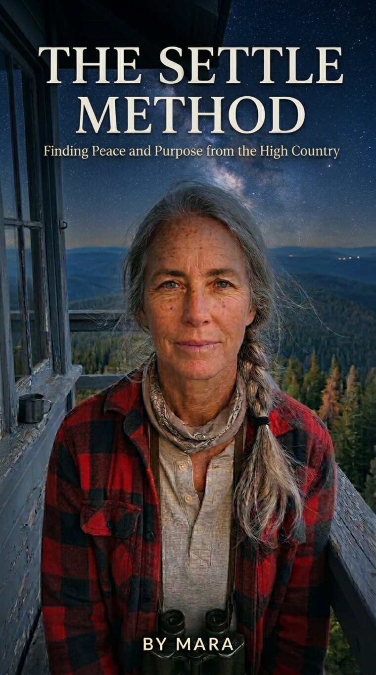 The Settle Method by Mara — a weathered fire-lookout keeper on her tower above a starlit forest at dusk